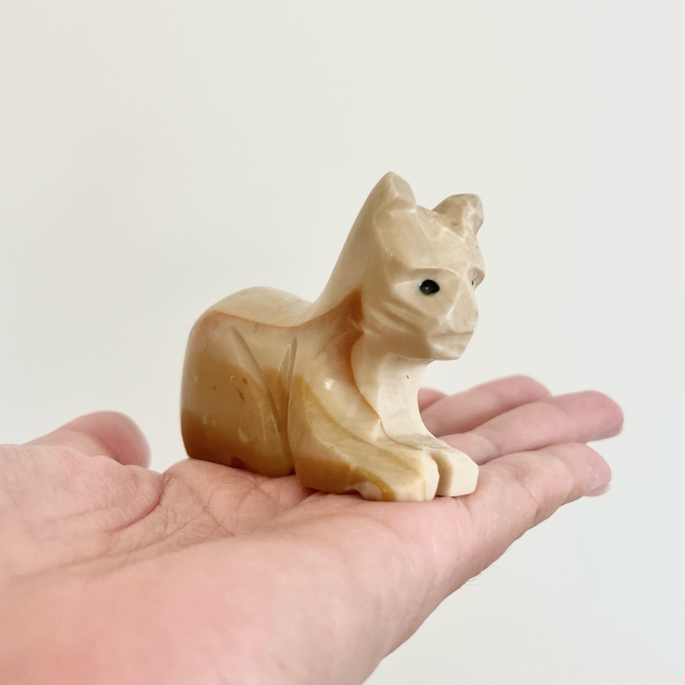 Handcarved Stone Cat Marble Onyx Beige Tan Shelf Sitter Decoration Figurine